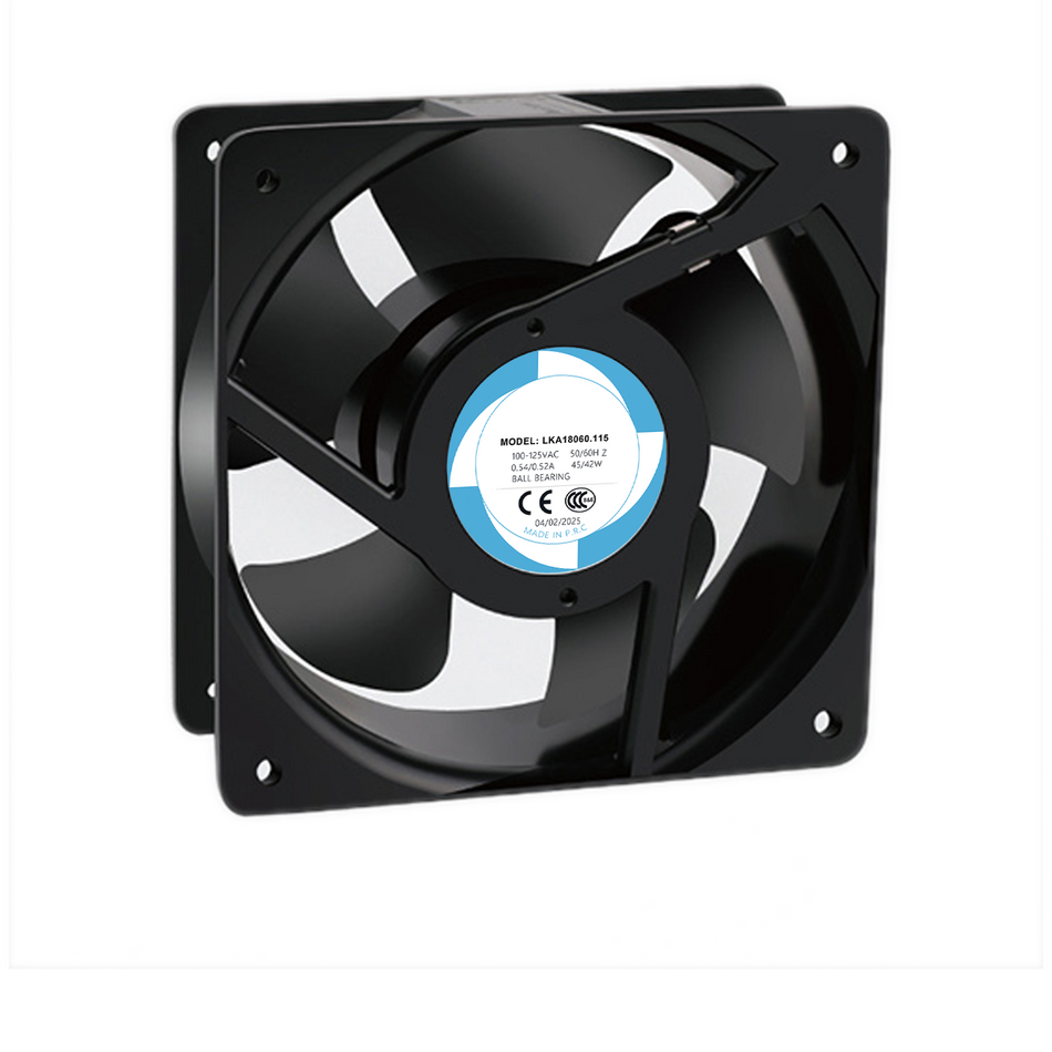 LKA18060-180x180x60mm fan. It features a shaded pole motor, ball bearings, and PBT blades (5 impellers). With Class A insulation and a 50,000 - hour motor life. Available in 100/125V and 200/240V,  442/439 m³/h air volume and 61/64 dB noise. IP42 rated.