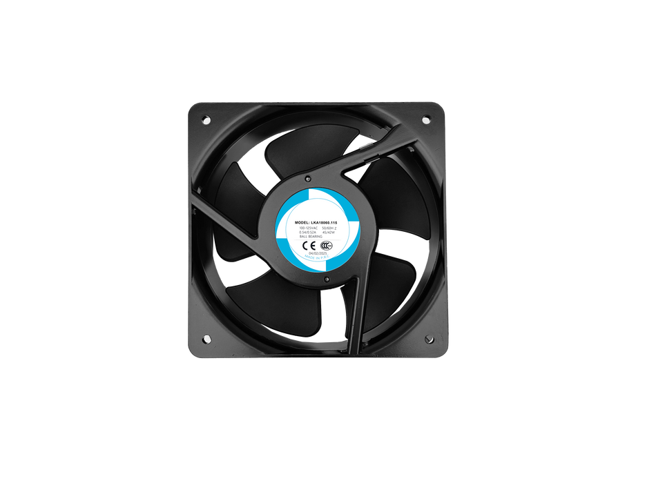LKA18060-180x180x60mm fan. It features a shaded pole motor, ball bearings, and PBT blades (5 impellers). With Class A insulation and a 50,000 - hour motor life. Available in 100/125V and 200/240V,  442/439 m³/h air volume and 61/64 dB noise. IP42 rated.