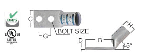 High-performance compression connector with #1 AWG wire size,45 DEG barrel angle,2 hole(s), and 1/4 bolt size