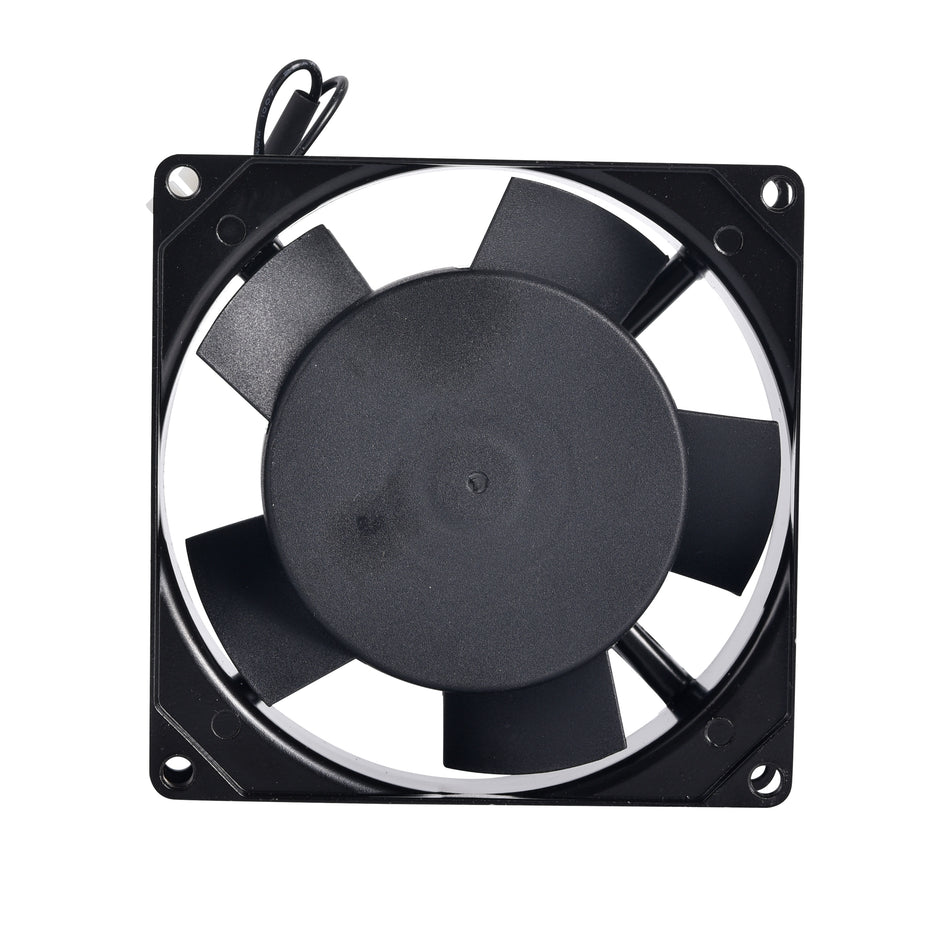 LKA11025-110x110x25mm fan. It uses a shaded pole motor, ball bearings, and PBT 5 - impeller blades. With Class A insulation, 50,000 - hour motor life. Available in 100/125V and 200/240V. 69.7/76.5 m³/h air volume, 36/38 dB noise. IP42 rated.