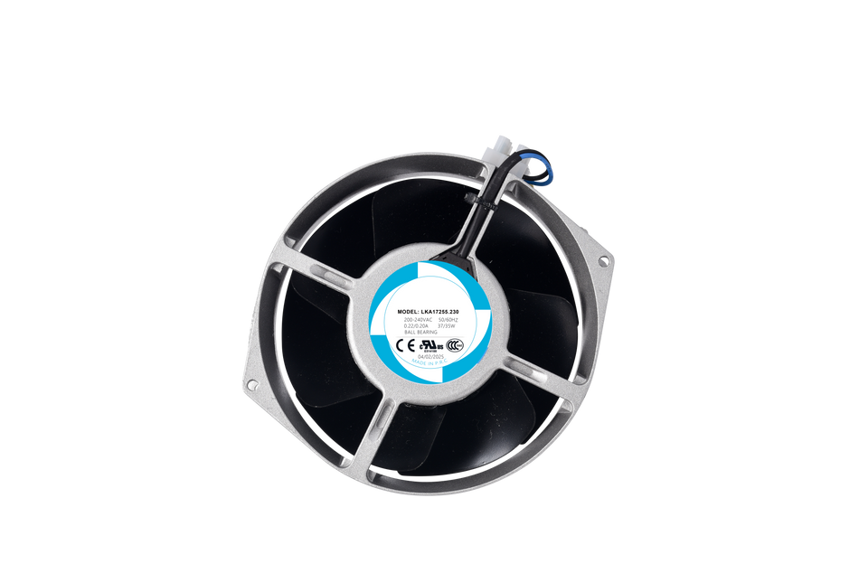 LKA17255-172x162x55mm fan.  shaded pole motor, ball bearings, and cold - rolled plate blades (7 impellers). With Class A insulation, 50,000 - hour motor life. Available in 100/125V and 200/240V.  297.5/323 m³/h air volume, 48/52 dB noise. IP42 rated.