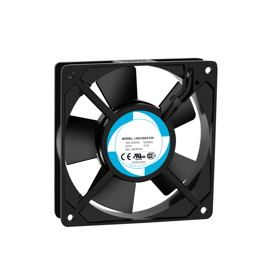 LKA12025-120x120x25mm fan. It has a shaded pole motor, ball bearings, and PBT 5 - impeller blades. With Class A insulation, 50,000 - hour motor life. Available in 100/125V and 200/240V.  76.5/89.7 m³/h air volume, 39/41 dB noise. IP42 rated.