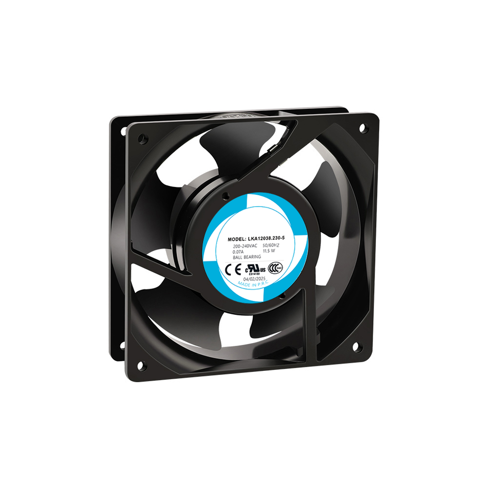 LKA12038-5-120x120x38mm fan. It has a shaded pole motor, ball bearings, and PBT 5 - impeller blades. With Class A insulation and a 50,000 - hour motor life. Available in 100/125V and 200/240V. 130.9/139.4 m³/h air volume, 42/44 dB noise. IP42 rated.