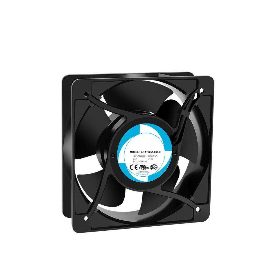 LKA11025-110x110x25mm fan. It uses a shaded pole motor, ball bearings, and PBT 5 - impeller blades. With Class A insulation, 50,000 - hour motor life. Available in 100/125V and 200/240V. 69.7/76.5 m³/h air volume, 36/38 dB noise. IP42 rated.