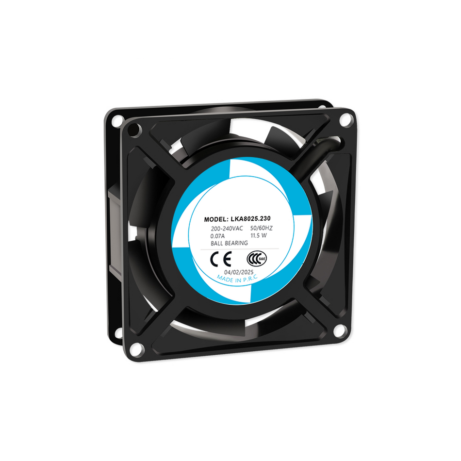 LKA15051-150x150x51mm fan. It has a shaded pole motor, ball bearings, and PBT 5-impeller blades. With Class A insulation, 50,000-hour motor life. Available in 100/125V and 200/240V.  255/272 m³/h air volume, 53/59 dB noise. IP42 rated.